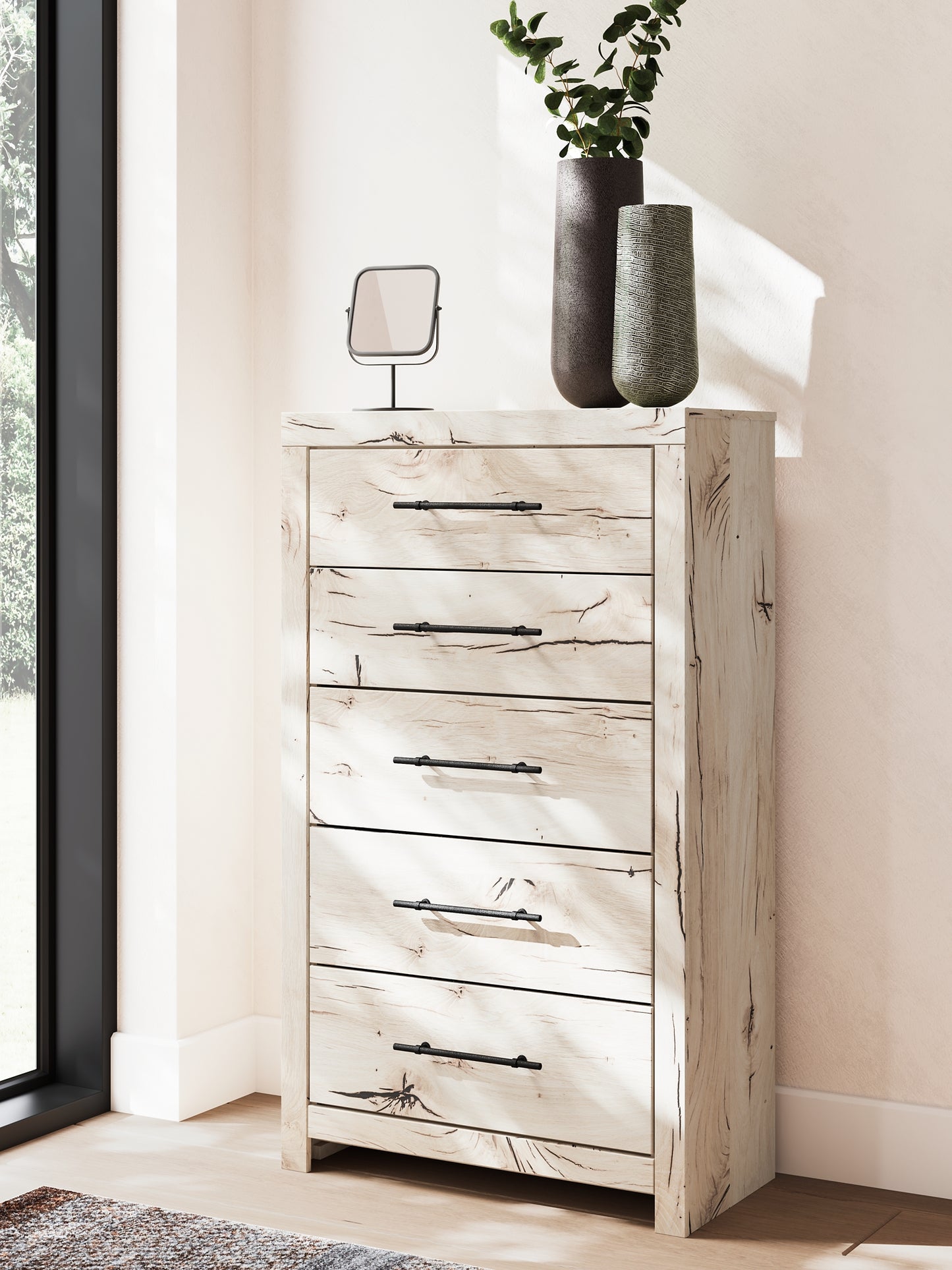 Queen Panel Bed with Mirrored Dresser, Chest and Nightstand