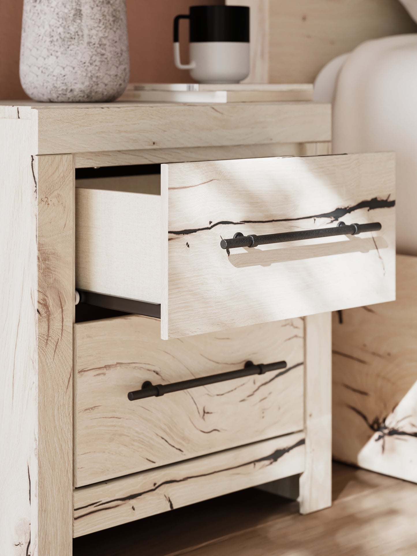 Queen Panel Bed with Mirrored Dresser, Chest and Nightstand