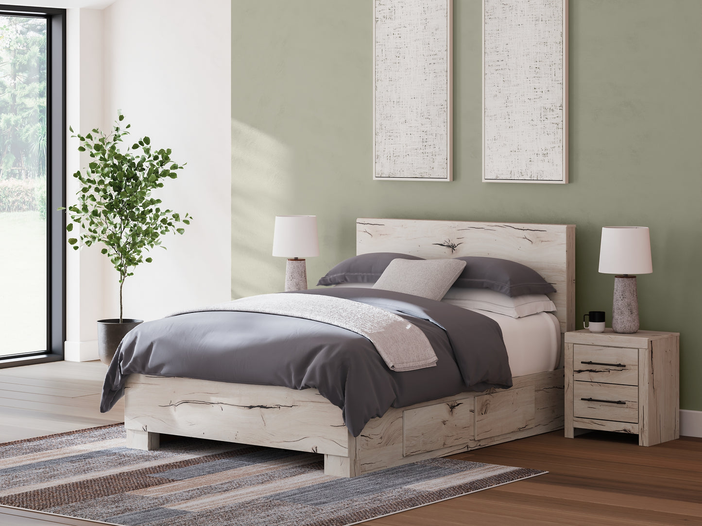 Queen Panel Bed with Mirrored Dresser and Chest