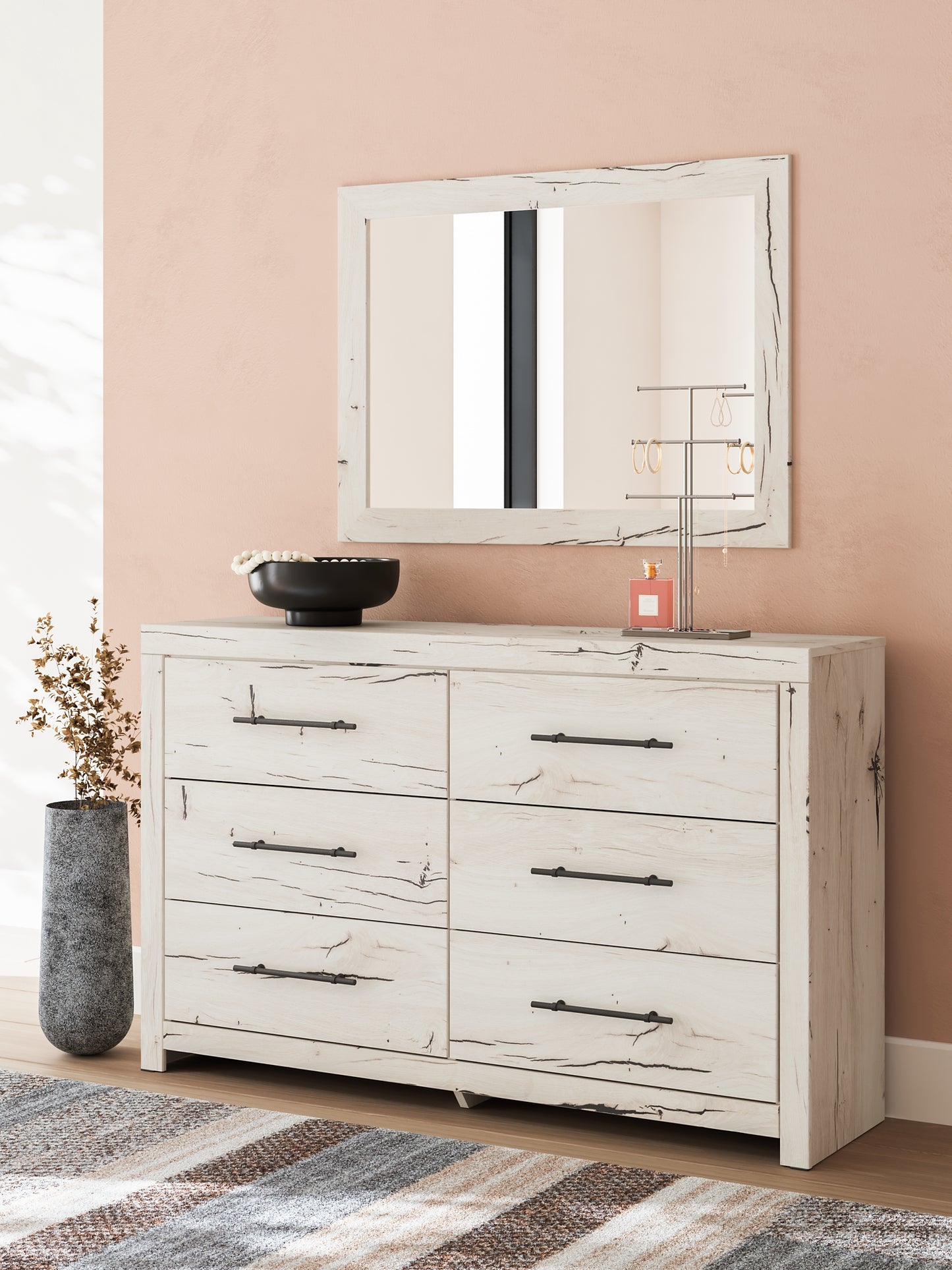Queen Panel Bed with Mirrored Dresser and Chest