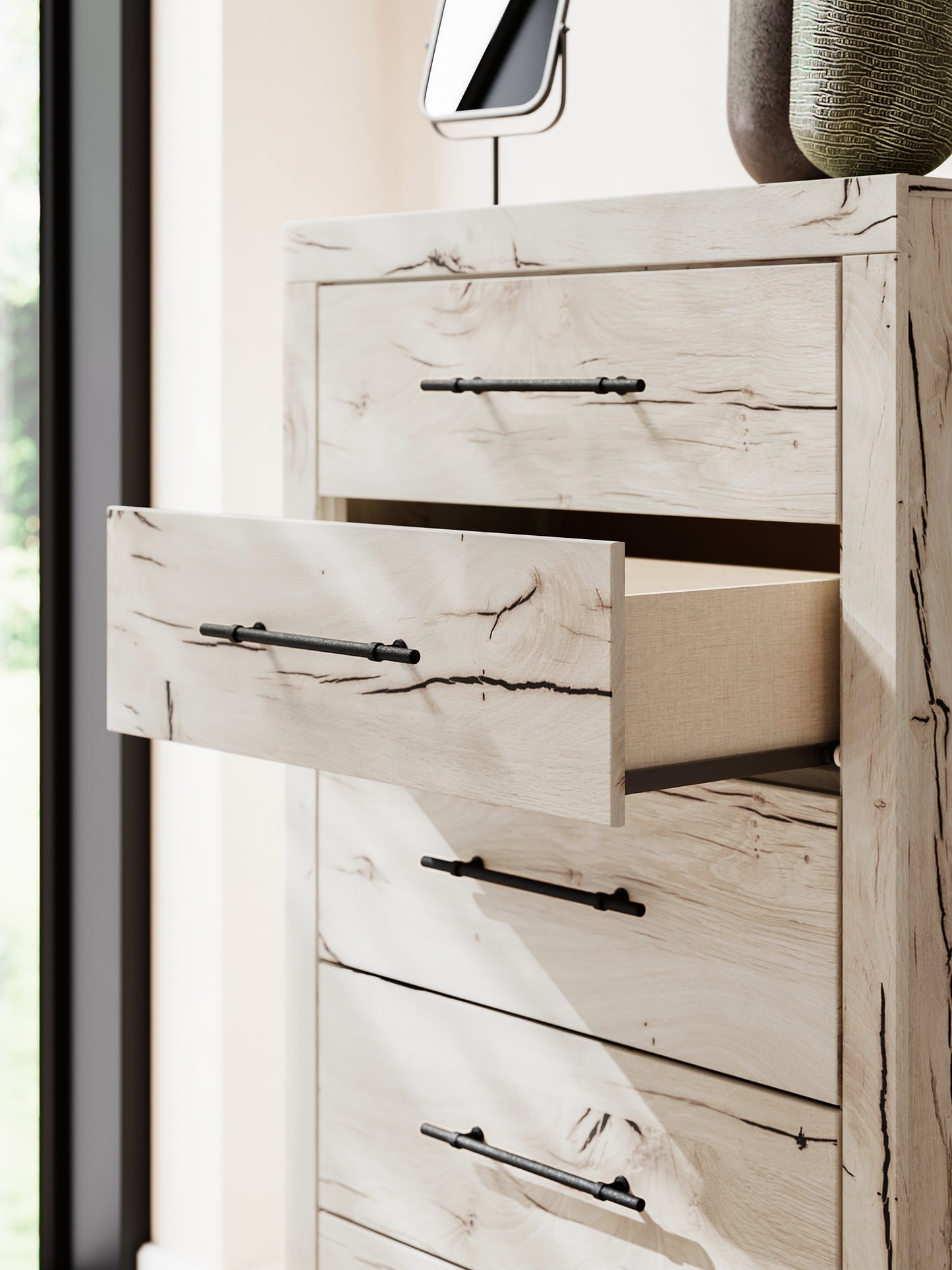 Twin Panel Bed with Mirrored Dresser, Chest and Nightstand