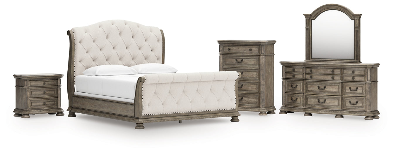 Ardenfield California King Upholstered Sleigh Bed with Mirrored Dresser, Chest and Nightstand