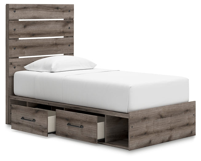 Graystorm Twin Panel Bed with Storage with Mirrored Dresser and Nightstand