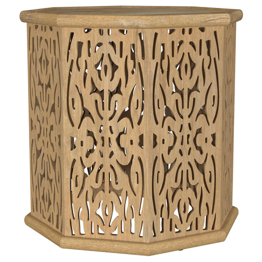 Torres Octagonal Solid Wood Side Table with Intricate Openwork Carvings Natural Brown