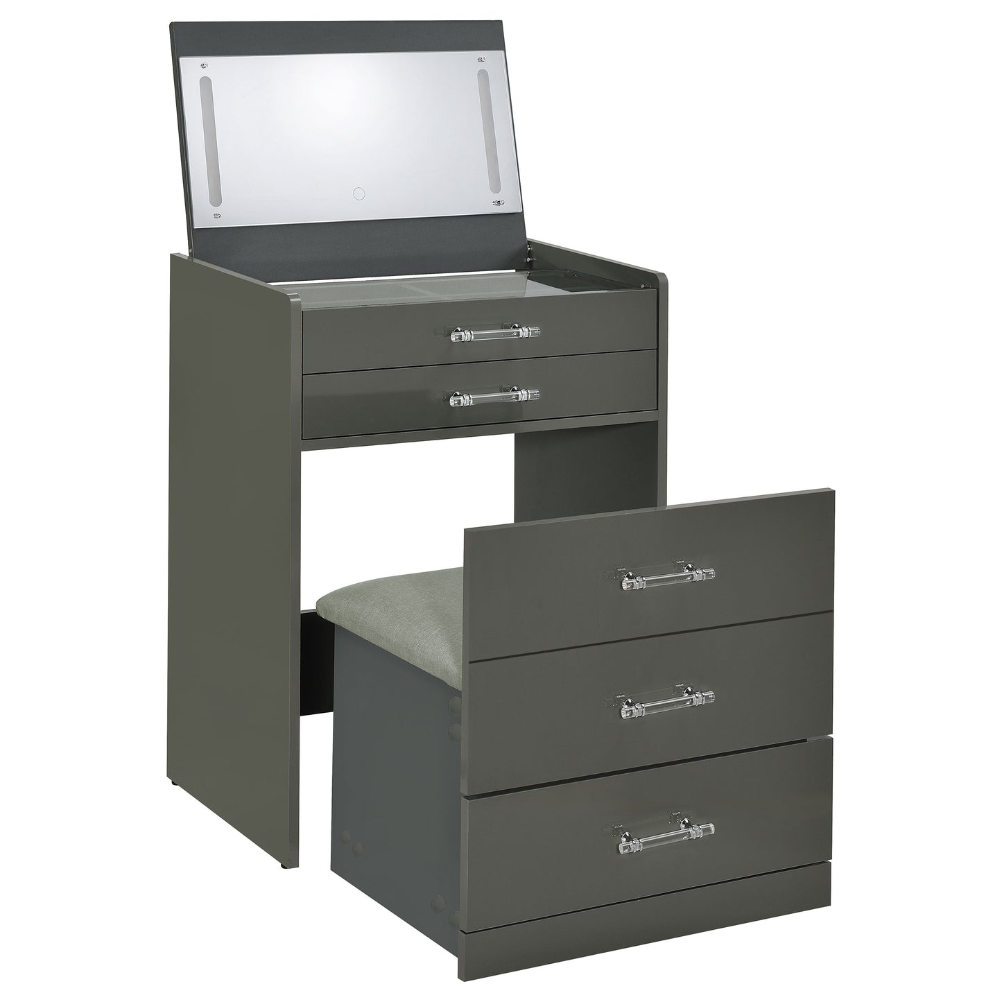 Danbury 3-drawer Makeup Vanity & Stool Set Grey High Gloss Value Home Furniture Danbury 3-drawer Makeup Vanity & Stool Set Grey High Gloss Value Home Furniture