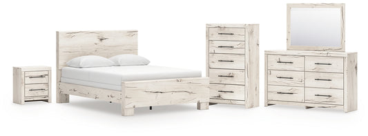 Queen Panel Bed with Mirrored Dresser, Chest and Nightstand