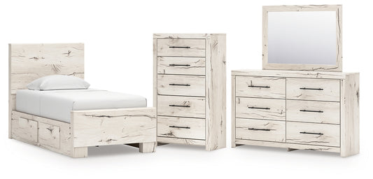Twin Panel Bed with Storage with Mirrored Dresser and Chest