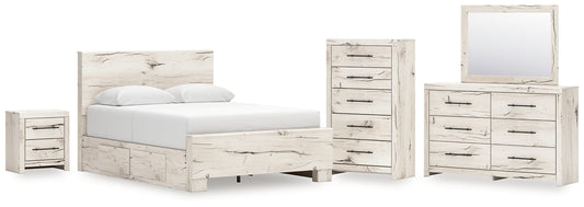 Queen Panel Bed with Mirrored Dresser, Chest and Nightstand