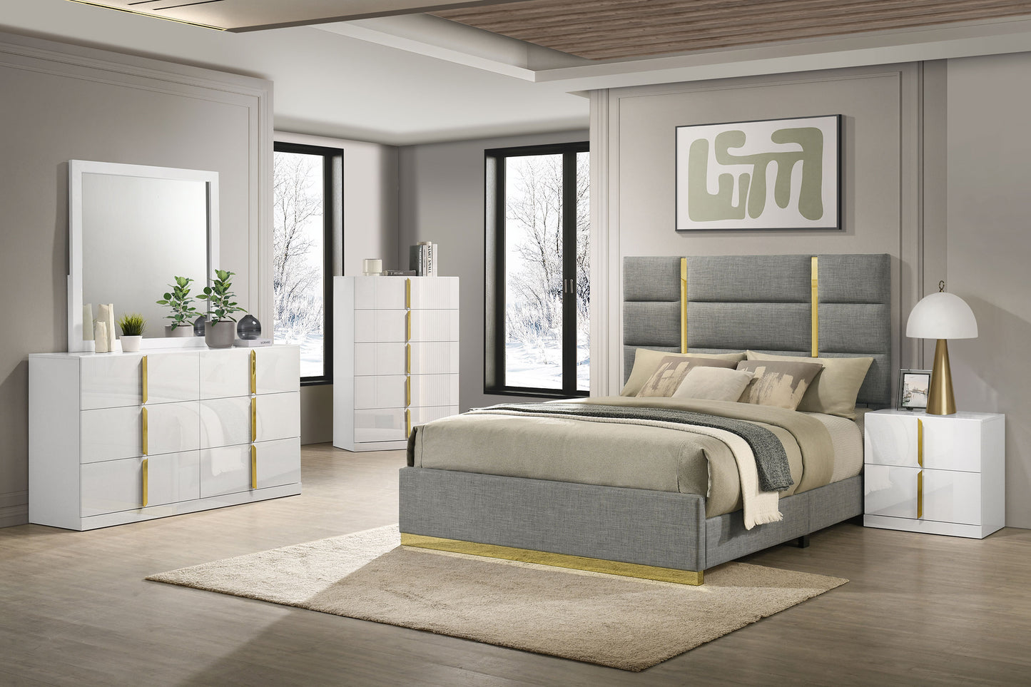 Ines 5-piece Queen Bedroom Set Grey and White High Gloss