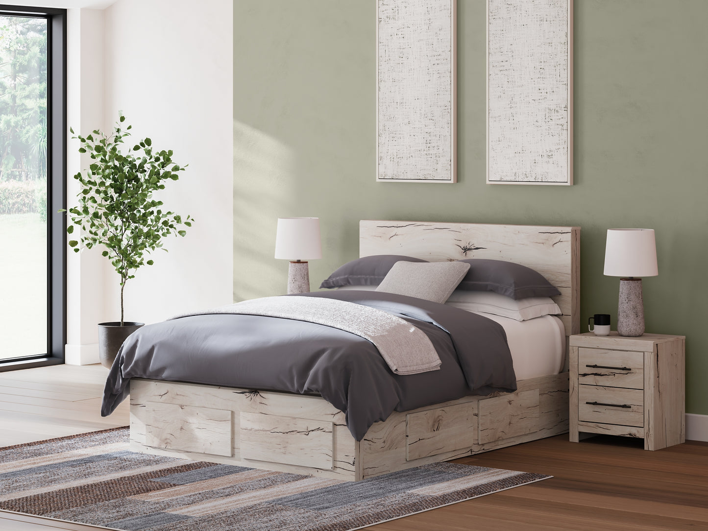 Queen Panel Storage Bed with Mirrored Dresser, Chest and Nightstand