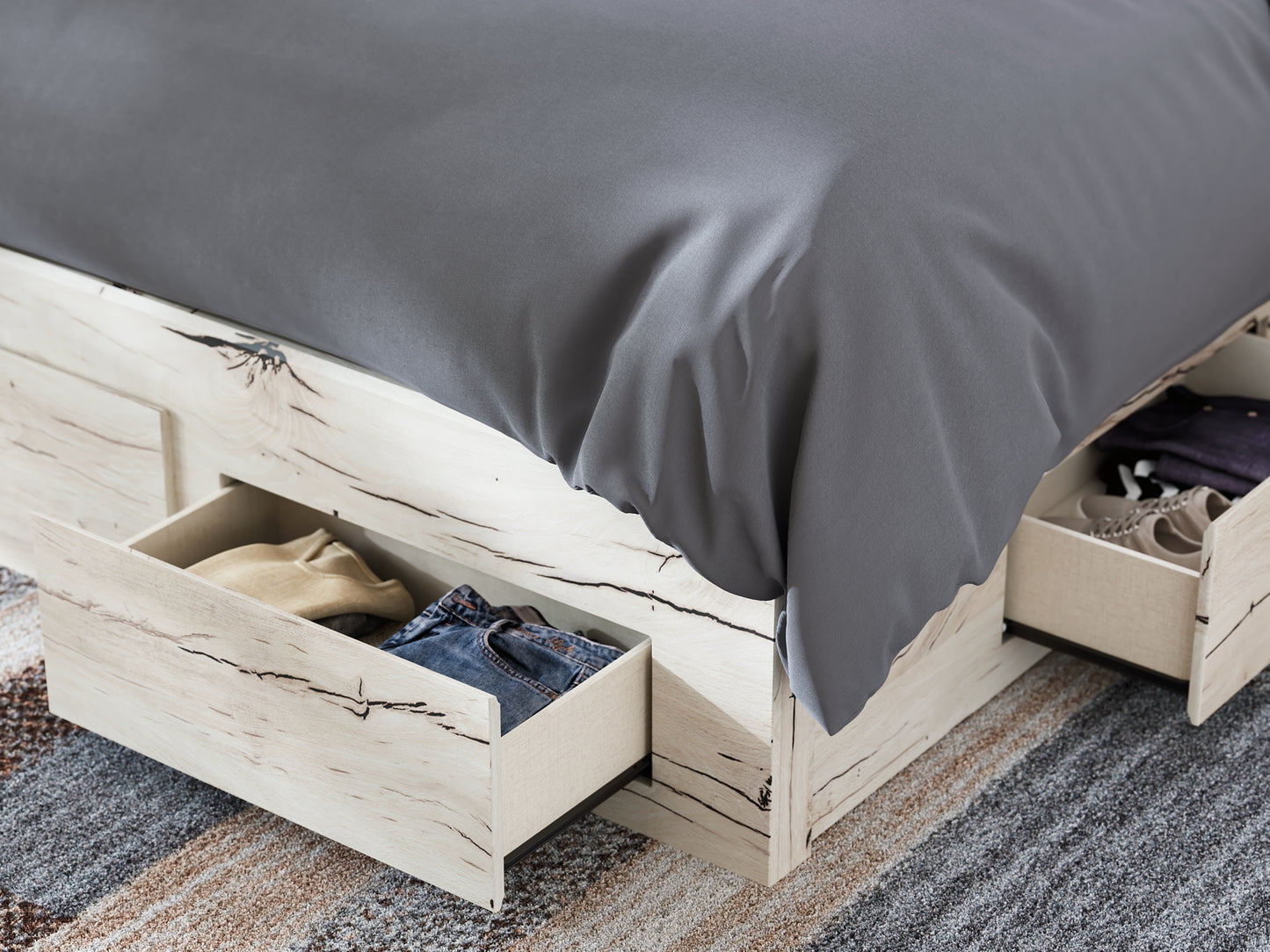 Queen Panel Storage Bed with Mirrored Dresser, Chest and Nightstand