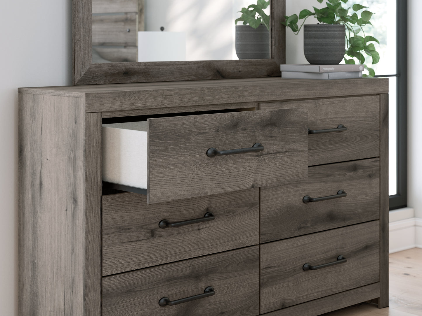 Graystorm Queen Panel Bed with Mirrored Dresser, Chest and Nightstand