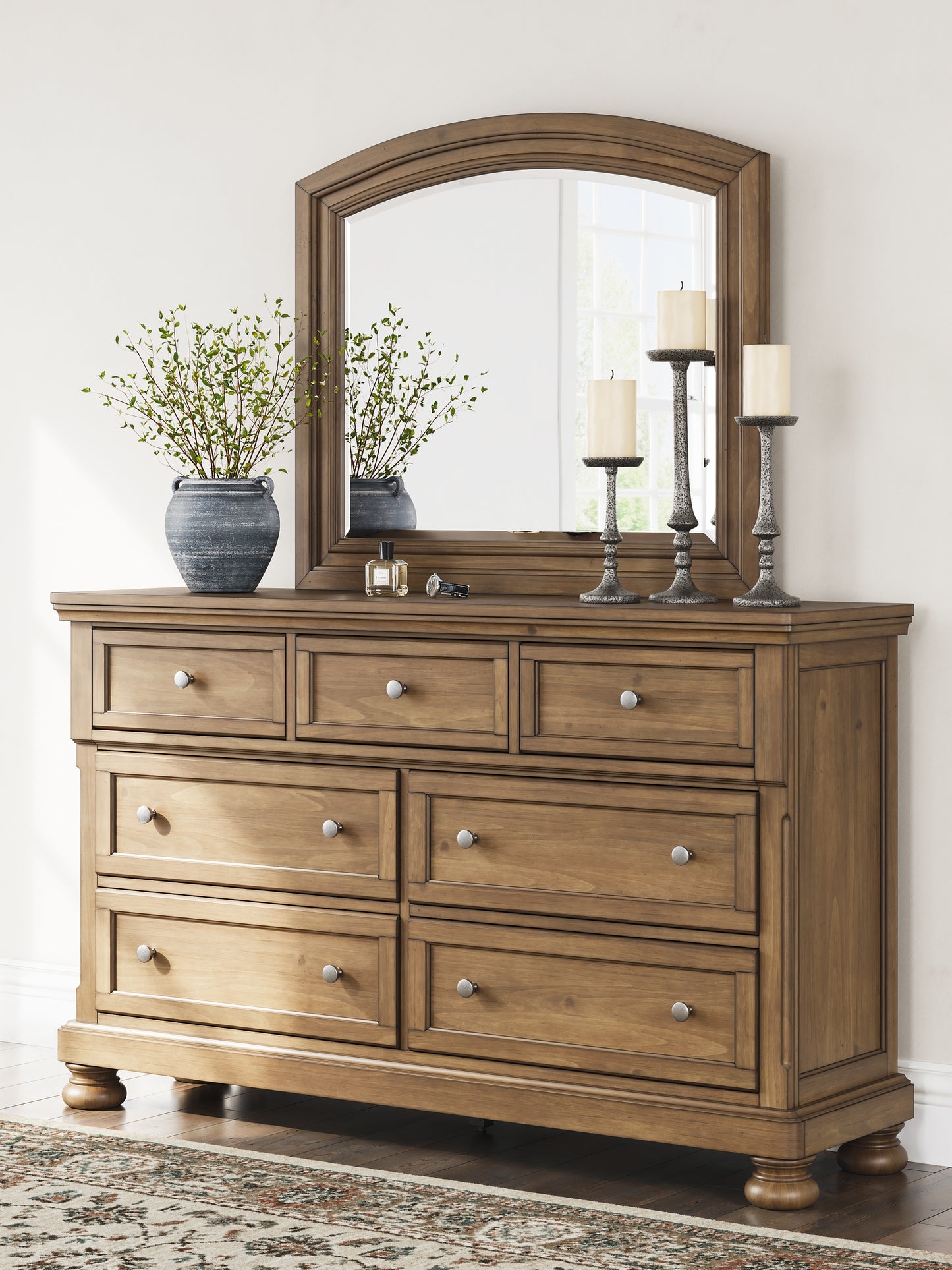 Feddinger California King Panel Bed with Mirrored Dresser and Chest