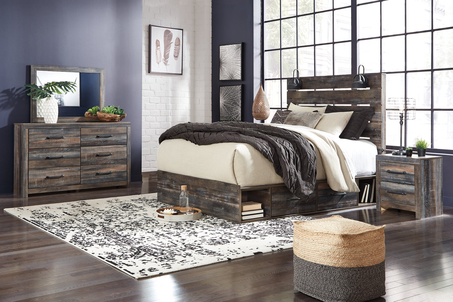 Drystan King Panel Bed with 2 Storage Drawers with Mirrored Dresser and Nightstand