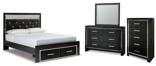 Kaydell Queen Upholstered Panel Storage Platform Bed with Mirrored Dresser and Chest