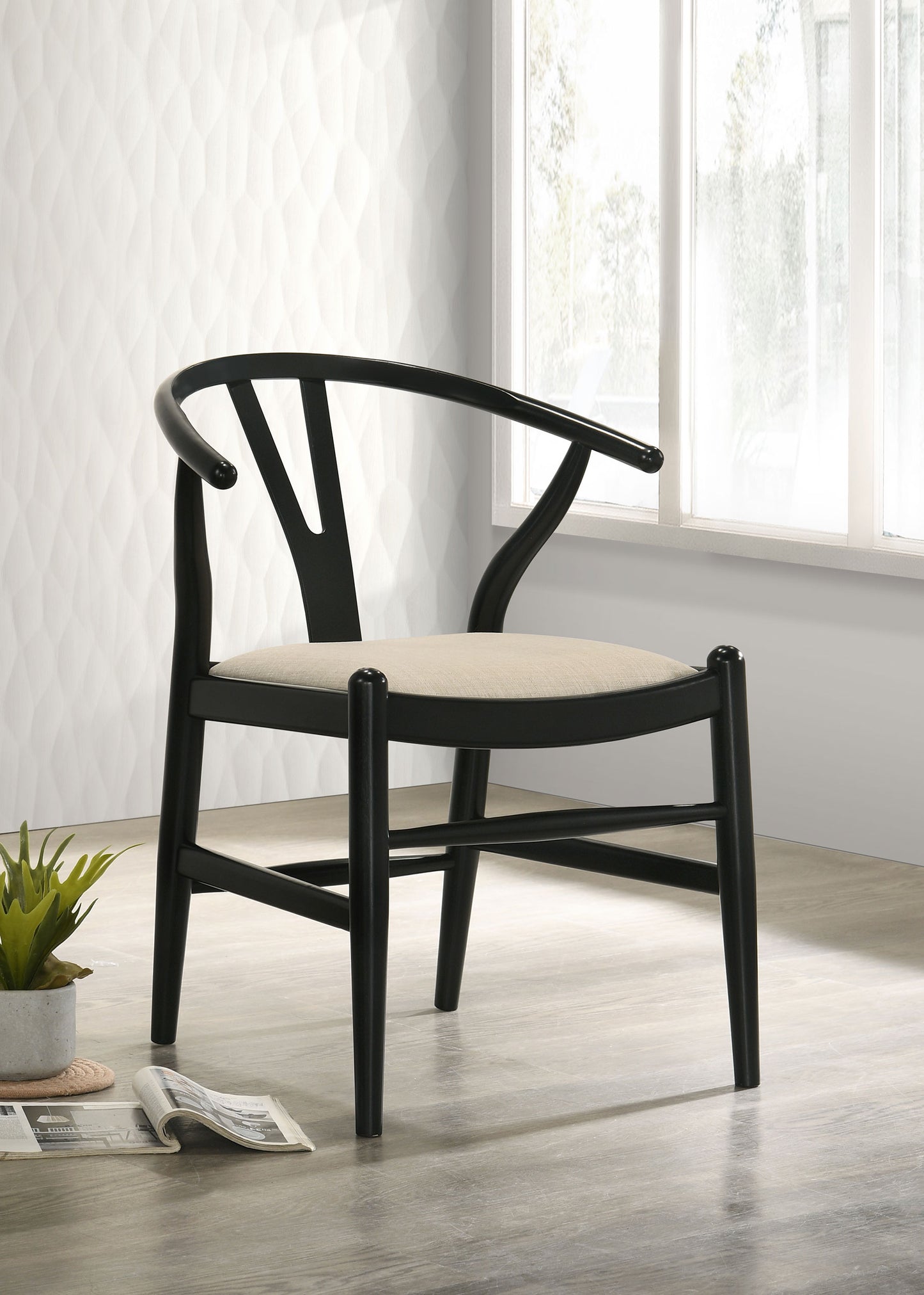 Cortona Danish Y-Shaped Back Wishbone Dining Side Chair Black and Beige (Set of 2)