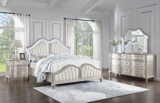 Evangeline 4-piece Upholstered Platform Eastern King Bedroom Set Ivory and Silver Oak