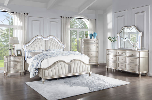 Evangeline 5-piece Upholstered Platform Eastern King Bedroom Set Ivory and Silver Oak