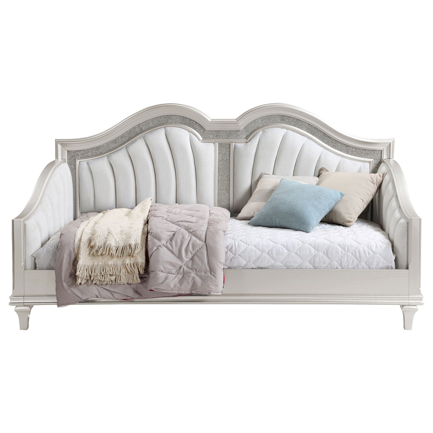 Evangeline Upholstered Twin Daybed with Faux Diamond Trim Silver and Ivory