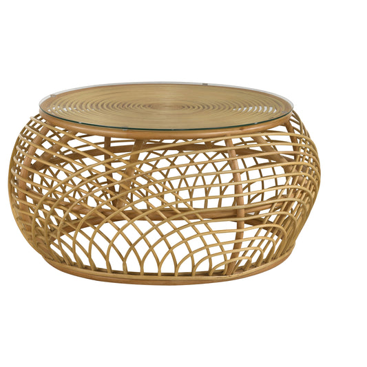 Dahlia Round Glass Top Woven Rattan Coffee Table Natural